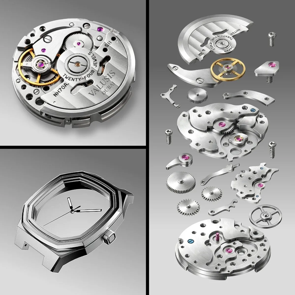 Seiko NH70 automatic movement used in the Valusis Volt Skeleton, shown assembled, taken apart into its parts, and beside the octagonal watch case