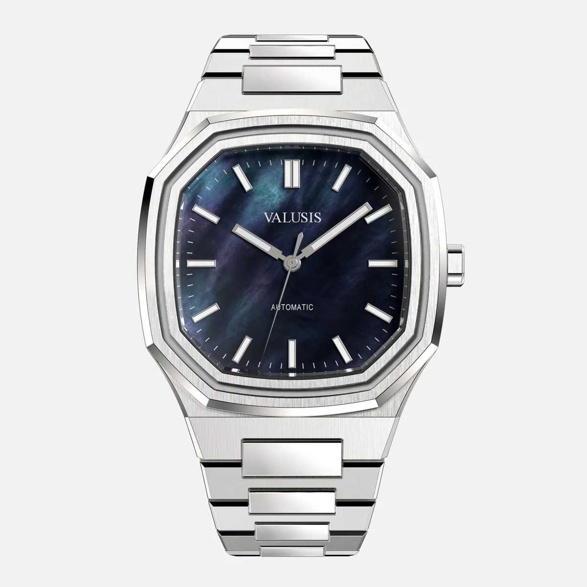 Valusis Volt Pearl Black automatic watch with a dark natural mother-of-pearl dial and steel bracelet