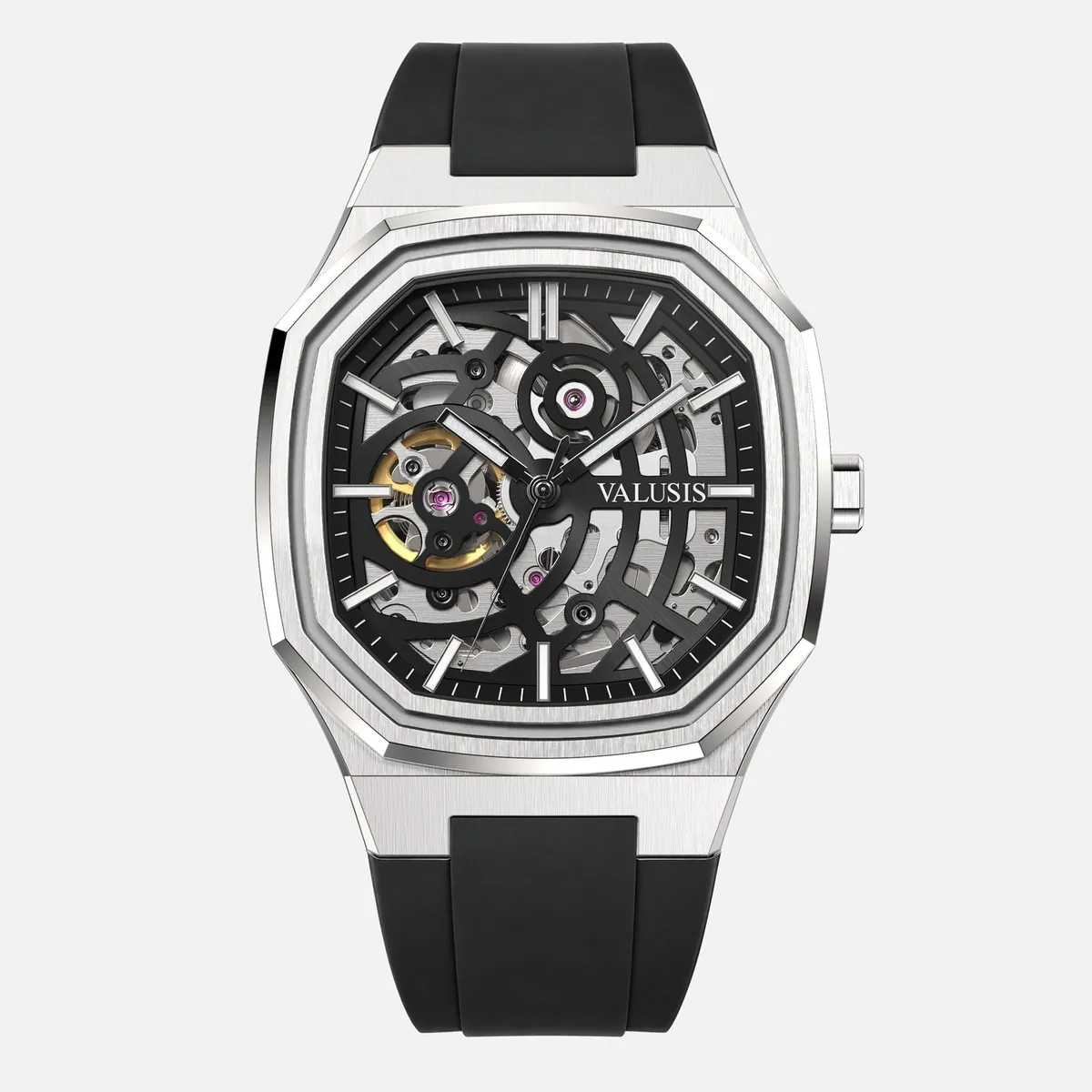 Reloj Valusis Volt Skeleton con correa de caucho negra, con los engranajes y el volante dorado visibles a través de la esfera calada