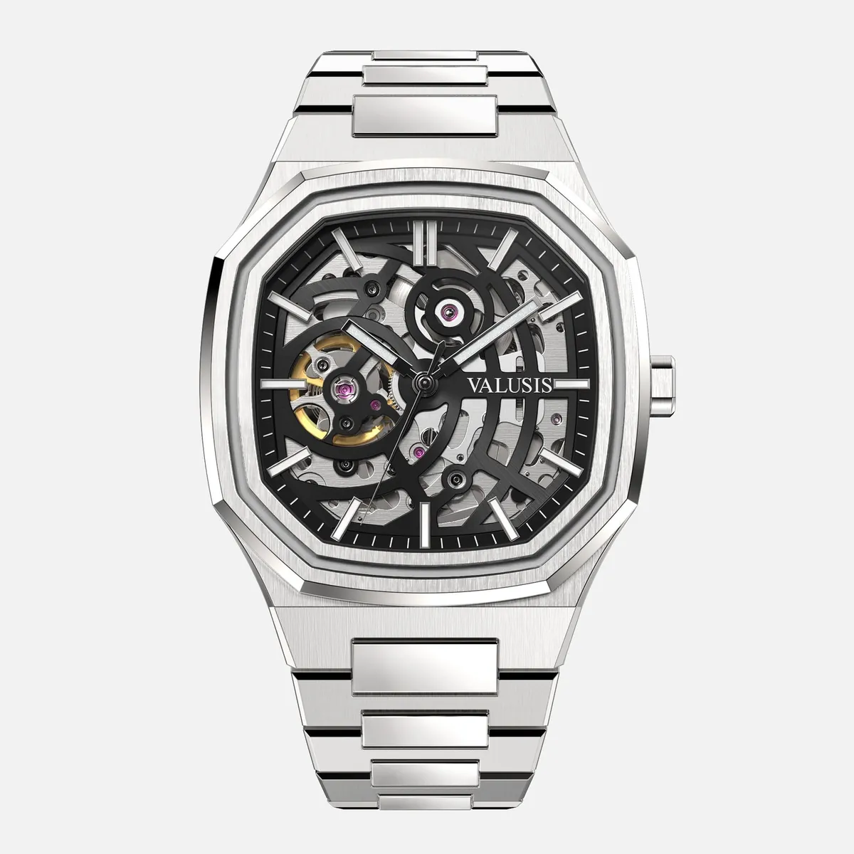 Valusis Volt Skeleton automatic watch with an octagonal 40 mm steel case, open-worked black dial and steel bracelet